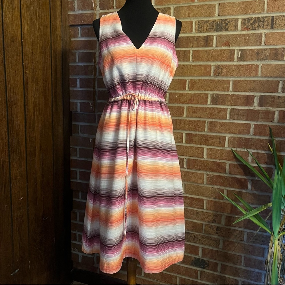 Gap Women 10 Sleeveless Sunset Ombre Linen Blend Midi Dress Drawstring Waist EUC